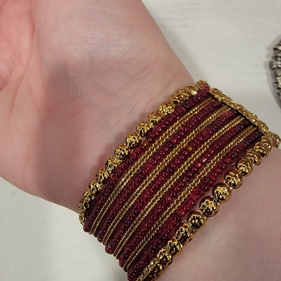 Beaded Hinged Cuff Bracelet, Gold Tone and Red Beads - Picture 3 of 11